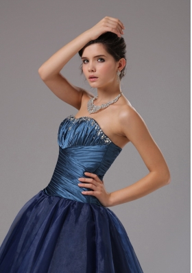 Ruched Blue A-line Strapless Organza Prom Gown Dress