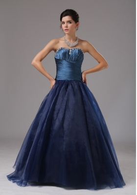 Ruched Blue A-line Strapless Organza Prom Gown Dress