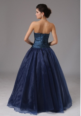 Ruched Blue A-line Strapless Organza Prom Gown Dress