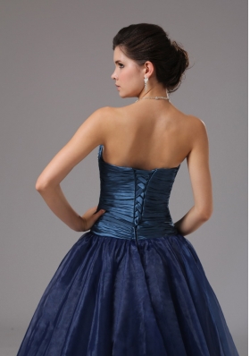 Ruched Blue A-line Strapless Organza Prom Gown Dress