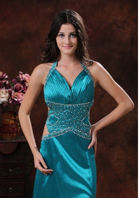 Halter High Slit Brush Train Teal Prom Dress Beaded