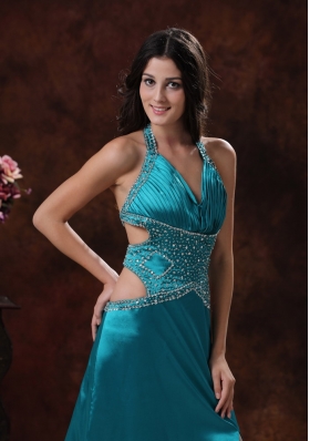 Halter High Slit Brush Train Teal Prom Dress Beaded