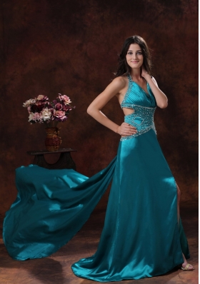 Halter High Slit Brush Train Teal Prom Dress Beaded