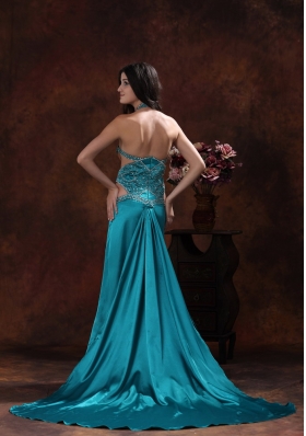 Halter High Slit Brush Train Teal Prom Dress Beaded