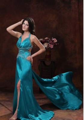 Halter High Slit Brush Train Teal Prom Dress Beaded