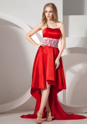 High-low Blood Red Lace Strapless Prom Dress