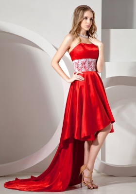 High-low Blood Red Lace Strapless Prom Dress