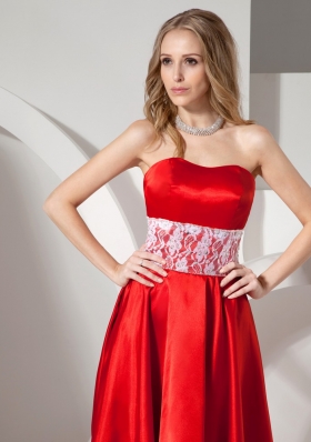 High-low Blood Red Lace Strapless Prom Dress