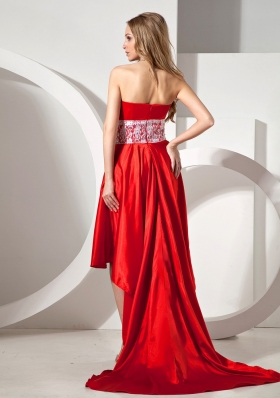 High-low Blood Red Lace Strapless Prom Dress