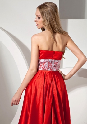 High-low Blood Red Lace Strapless Prom Dress