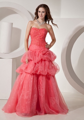 Organza Coral Red Prom Gown Dress Embroidery