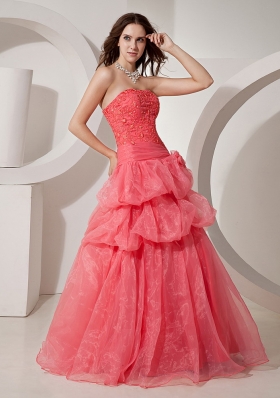 Organza Coral Red Prom Gown Dress Embroidery
