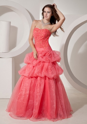 Organza Coral Red Prom Gown Dress Embroidery