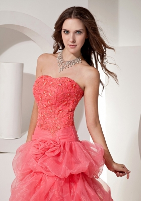 Organza Coral Red Prom Gown Dress Embroidery