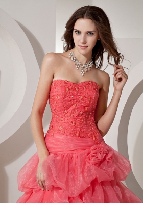 Organza Coral Red Prom Gown Dress Embroidery