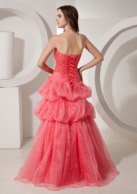 Organza Coral Red Prom Gown Dress Embroidery