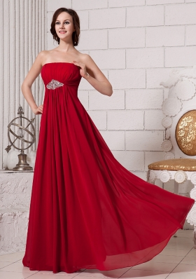 Wine Red Rhinestone Brooch Chiffon Prom Gowns