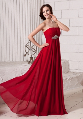 Wine Red Rhinestone Brooch Chiffon Prom Gowns