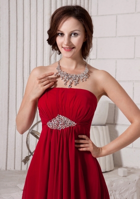 Wine Red Rhinestone Brooch Chiffon Prom Gowns