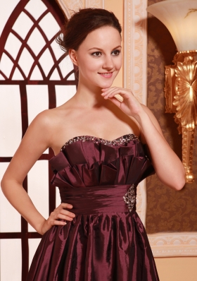 Burgundy Strapless Taffeta Beaded A-line Prom Gowns