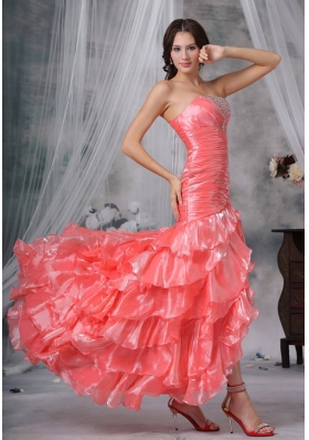 High Low Ruffled Watermelon High Slit Evening Dress