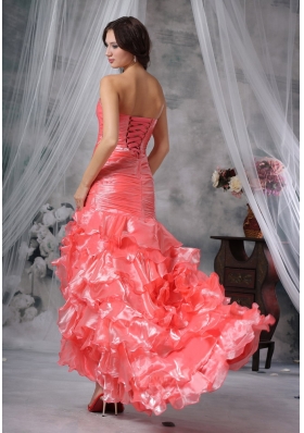 High Low Ruffled Watermelon High Slit Evening Dress