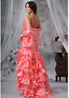 High Low Ruffled Watermelon High Slit Evening Dress