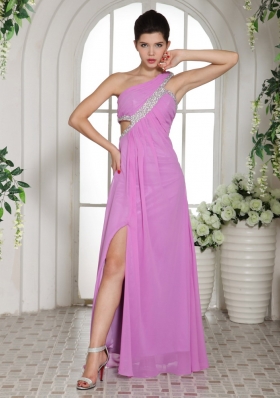 One Shoulder Slit Lavender Prom Celebrity Dress beaded