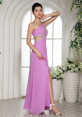 One Shoulder Slit Lavender Prom Celebrity Dress beaded