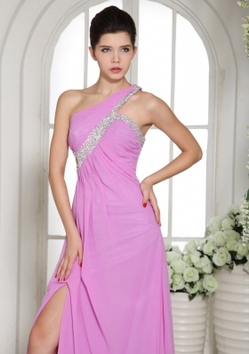 One Shoulder Slit Lavender Prom Celebrity Dress beaded