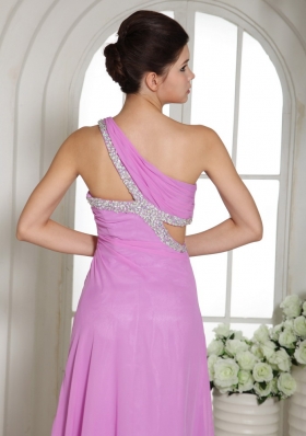 One Shoulder Slit Lavender Prom Celebrity Dress beaded