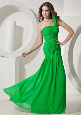 Spring Green One Shoulder Prom Dress Ruched Chiffon