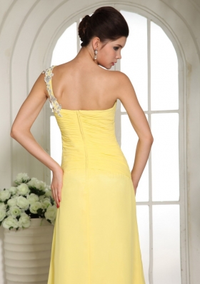 One Shoulder Prom Dress Yellow High Split Appliques