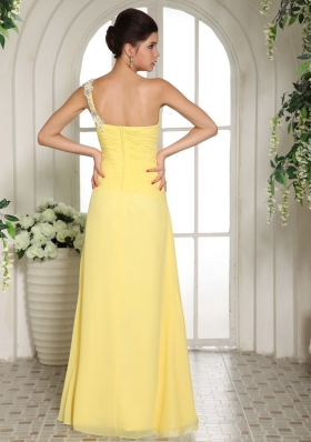 One Shoulder Prom Dress Yellow High Split Appliques