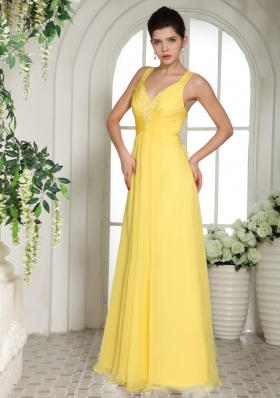 Yellow Straps Floor-length Prom Dress Chiffon V-neck