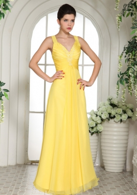 Yellow Straps Floor-length Prom Dress Chiffon V-neck