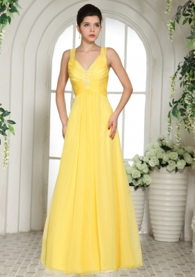 Yellow Straps Floor-length Prom Dress Chiffon V-neck