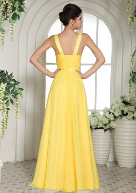 Yellow Straps Floor-length Prom Dress Chiffon V-neck