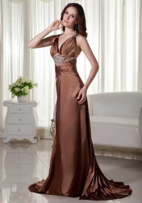 Brush TrainTaffeta Beaded Prom Dress Brown V-neck