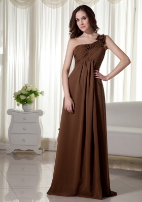 One Shoulder Chiffon Empire Ruched Prom Dress Brown