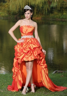 High-Low Orange Red Taffeta Prom Dress Strapless Ruched