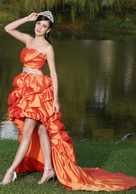 High-Low Orange Red Taffeta Prom Dress Strapless Ruched