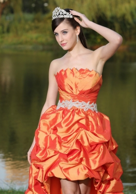 High-Low Orange Red Taffeta Prom Dress Strapless Ruched