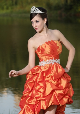 High-Low Orange Red Taffeta Prom Dress Strapless Ruched