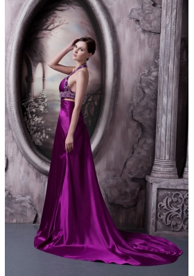 Purple Column Halter Court Train Beading Prom Dress