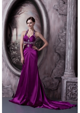Purple Column Halter Court Train Beading Prom Dress