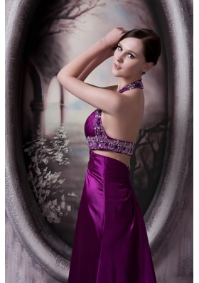 Purple Column Halter Court Train Beading Prom Dress