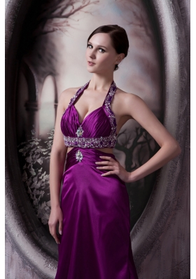 Purple Column Halter Court Train Beading Prom Dress