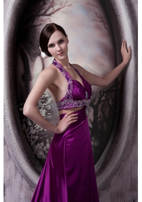 Purple Column Halter Court Train Beading Prom Dress