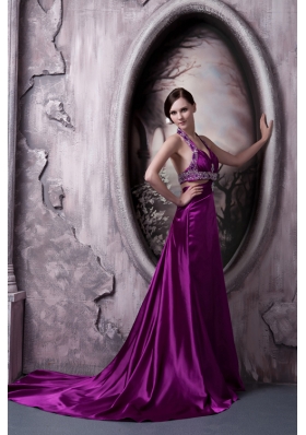 Purple Column Halter Court Train Beading Prom Dress